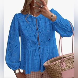 Cornflower Blue Babydoll Eyelet Top | Long Sleeve & Tie Front | Cotton | L | New